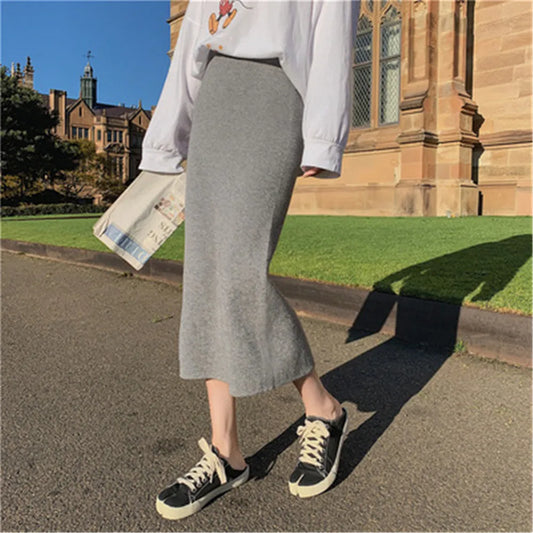 2021 Korean Style Beige Black Green Purple Tube Skirt Women's Knit Straight Skirt With Slit High Waist Long Pencil Skirt Womens