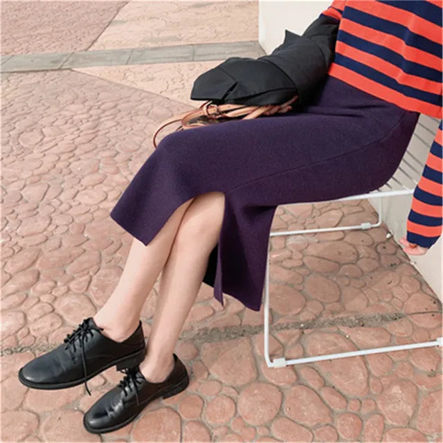 2021 Korean Style Beige Black Green Purple Tube Skirt Women's Knit Straight Skirt With Slit High Waist Long Pencil Skirt Womens