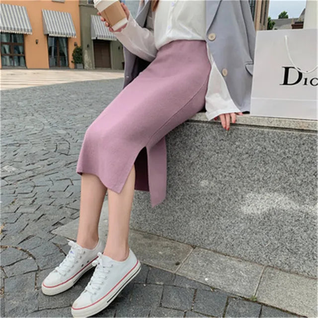 2021 Korean Style Beige Black Green Purple Tube Skirt Women's Knit Straight Skirt With Slit High Waist Long Pencil Skirt Womens