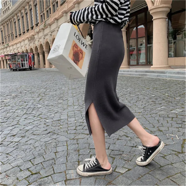 2021 Korean Style Beige Black Green Purple Tube Skirt Women's Knit Straight Skirt With Slit High Waist Long Pencil Skirt Womens
