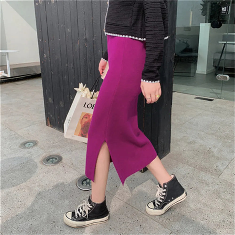 2021 Korean Style Beige Black Green Purple Tube Skirt Women's Knit Straight Skirt With Slit High Waist Long Pencil Skirt Womens