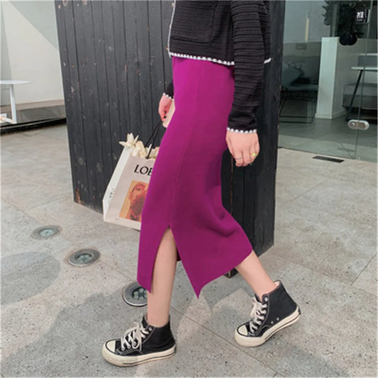 2021 Korean Style Beige Black Green Purple Tube Skirt Women's Knit Straight Skirt With Slit High Waist Long Pencil Skirt Womens