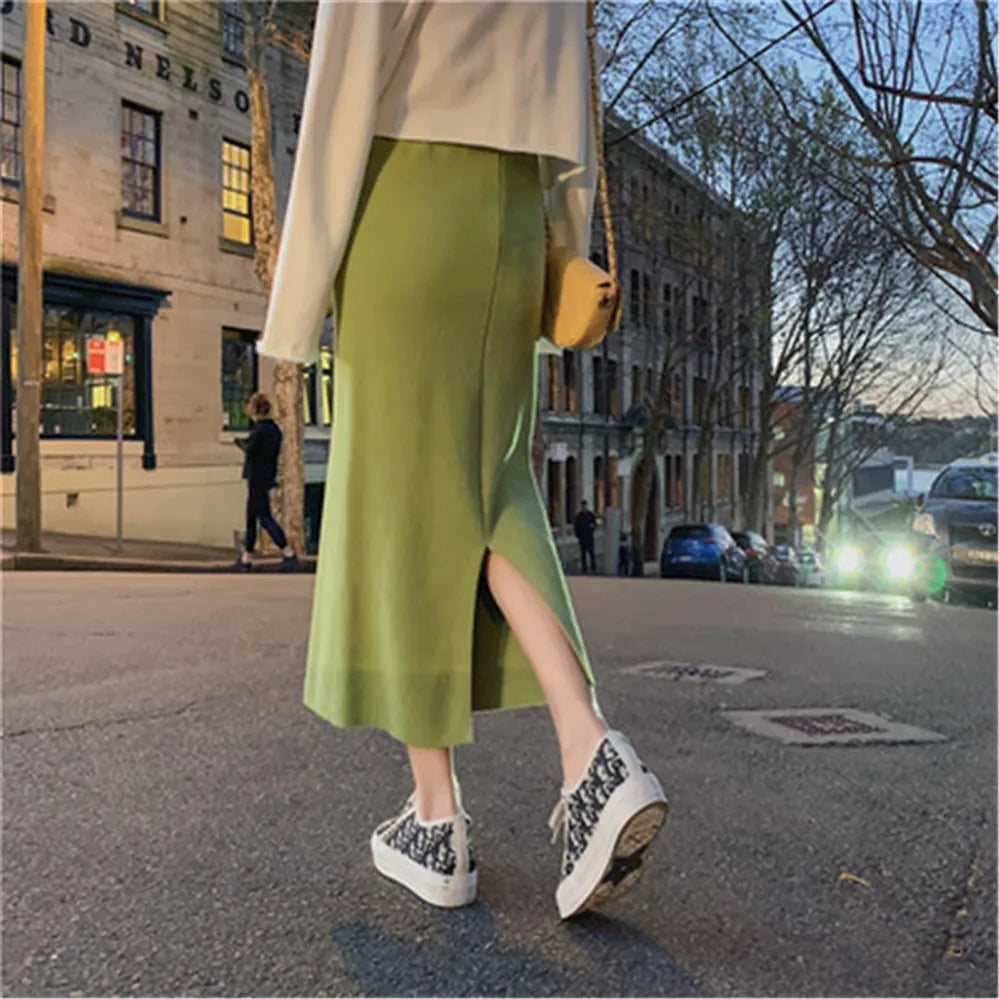 2021 Korean Style Beige Black Green Purple Tube Skirt Women's Knit Straight Skirt With Slit High Waist Long Pencil Skirt Womens