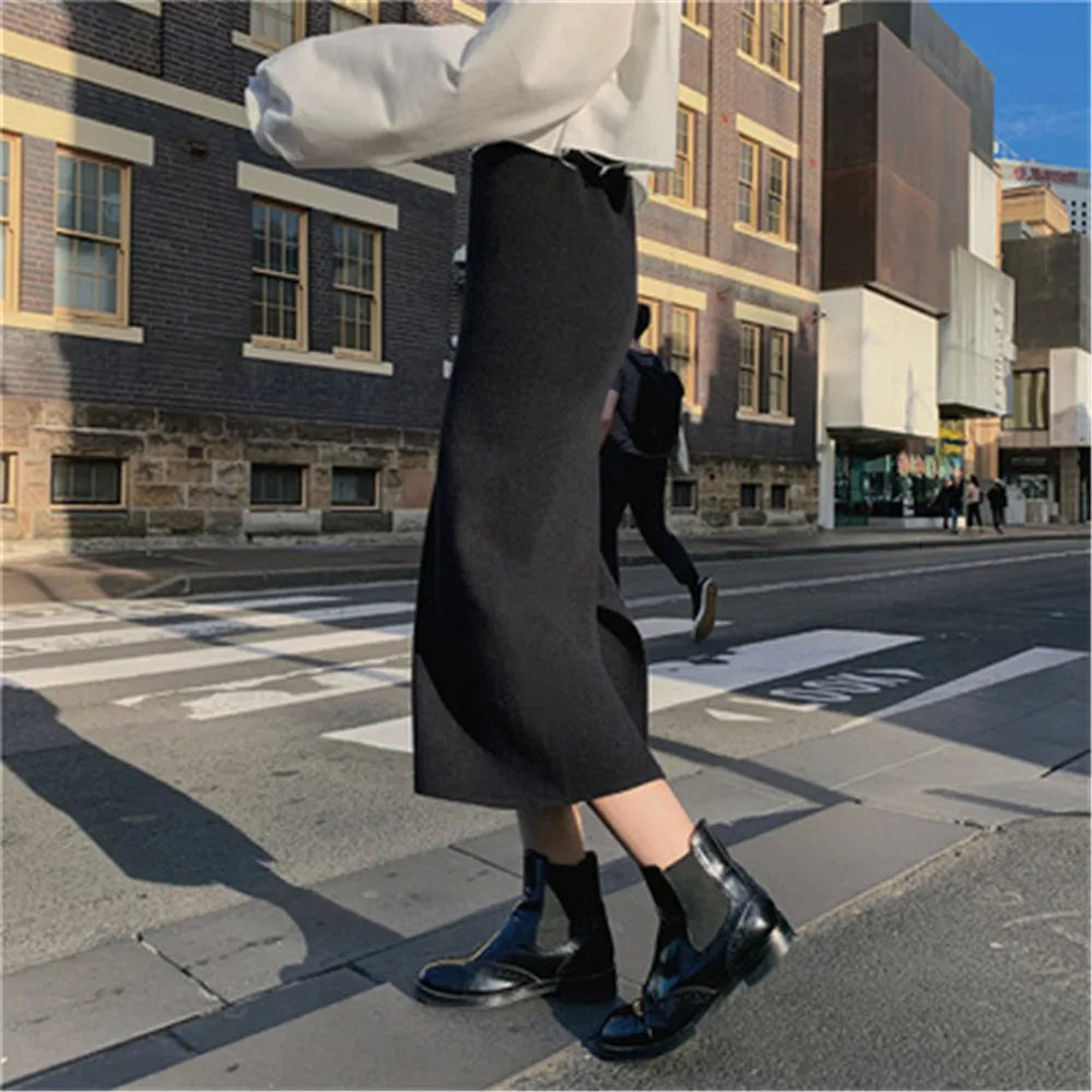 2021 Korean Style Beige Black Green Purple Tube Skirt Women's Knit Straight Skirt With Slit High Waist Long Pencil Skirt Womens