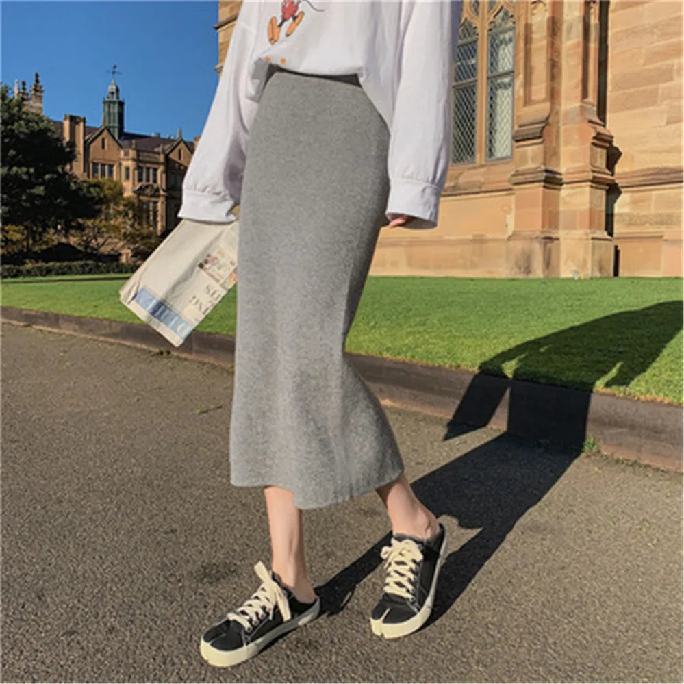 2021 Korean Style Beige Black Green Purple Tube Skirt Women's Knit Straight Skirt With Slit High Waist Long Pencil Skirt Womens