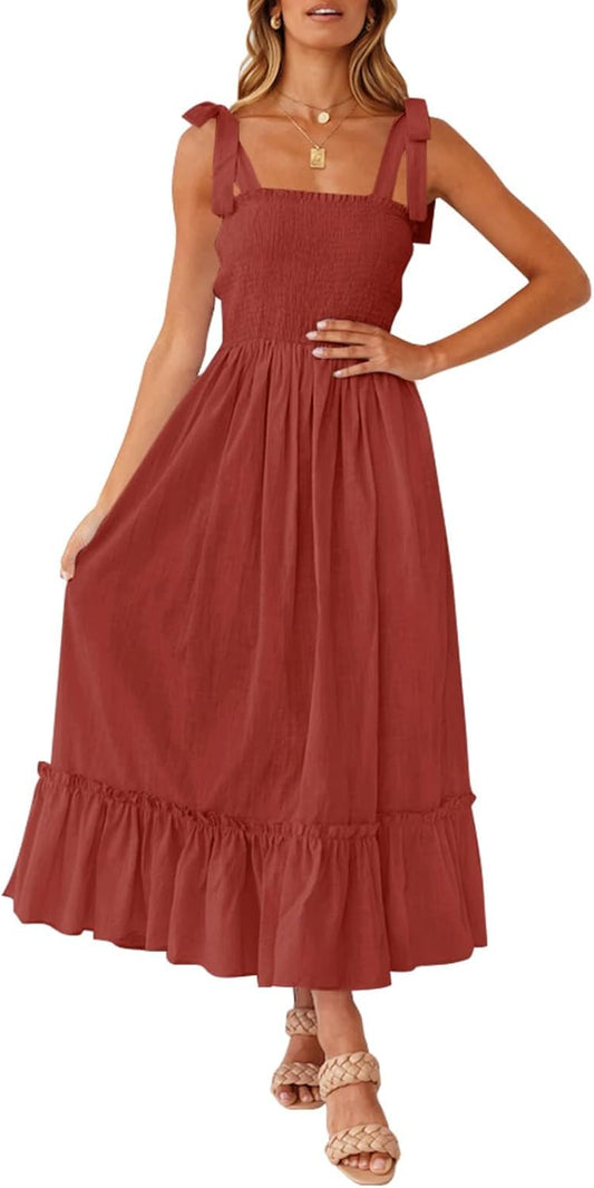 Women's 2026 Summer Boho Spaghetti Strap Square Neck Solid Color Ruffle A Line Beach Long Maxi Dress