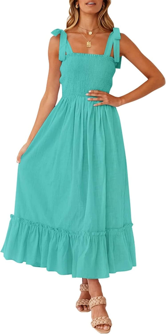 Women's 2026 Summer Boho Spaghetti Strap Square Neck Solid Color Ruffle A Line Beach Long Maxi Dress