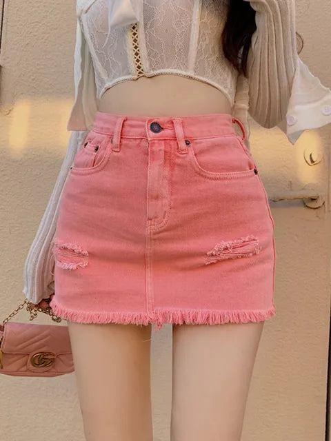 DFRCAEG 2022 Summer Pink Denim Skirt Women High Waist Mini Jeans With Lining Korean Style A Line Hole Tassel New Sexy Jupe Femme