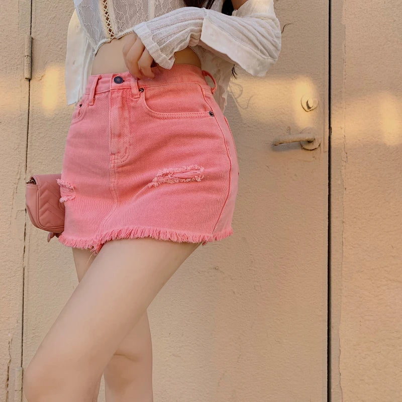 DFRCAEG 2022 Summer Pink Denim Skirt Women High Waist Mini Jeans With Lining Korean Style A Line Hole Tassel New Sexy Jupe Femme