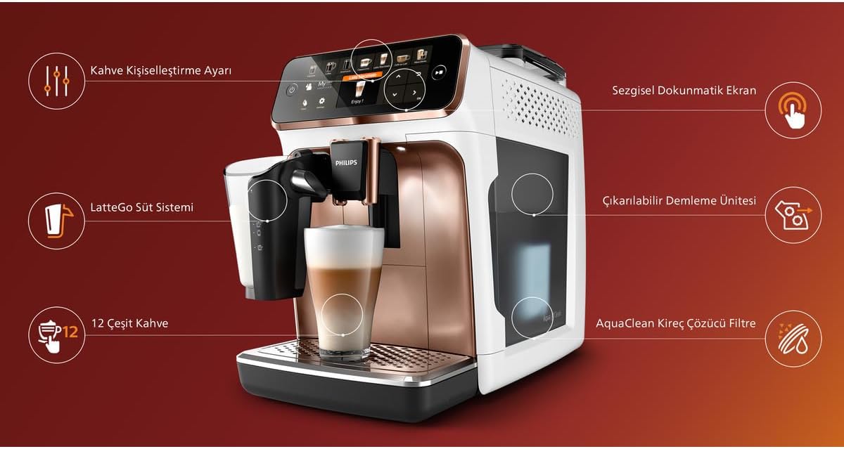 Fully automatic coffee machine 5400 Series EP5443/70 - LatteGo milk system, 12 coffee specialties, 4 user profiles - white/rose gold